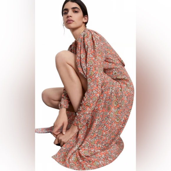 ZARA Floral Printed Long Puff Ruched Sleeve Draped‎ Midi Dress Size Small - Picture 9 of 16